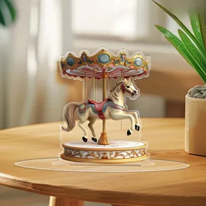 Detailed macro view of 2D vintage carousel horse flat acrylic ornament on wooden table