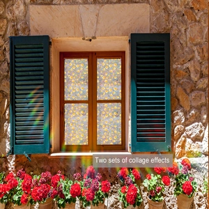 Detail of floral static window film with colorful sunlight effect on a wooden window frame