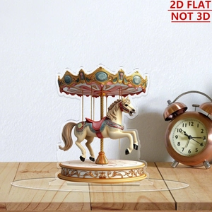 Detailed 2D acrylic desktop ornament showing a vintage carousel on a wooden surface