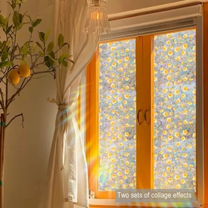 Detail view of floral window film showing colorful daisy patterns and rainbow sunlight glow