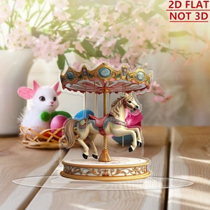 Detail of 2D flat acrylic carousel ornament with transparent base on a wooden desk