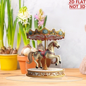 Detailed 2D flat acrylic carousel ornament with realistic white horse on wood table