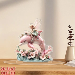 Fantasy acrylic desk ornament with 2D fairy and pink flower dolphin art on wood surface