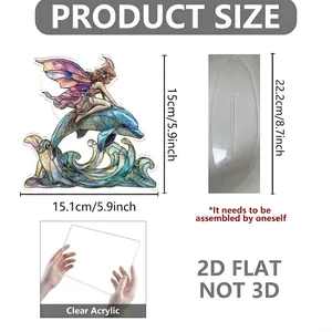 2D acrylic fairy riding dolphin ornament with stained glass texture and stable oval base