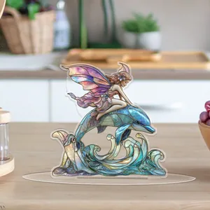 Detailed 2D acrylic stand of a fairy riding a dolphin with stained glass effect
