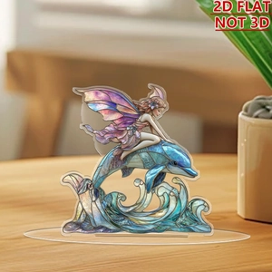 Detailed 2D acrylic decor showing a fairy riding a dolphin in stained glass style