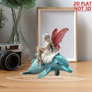 Detailed 2D flat acrylic elf girl and blue dolphin ornament for desktop decoration