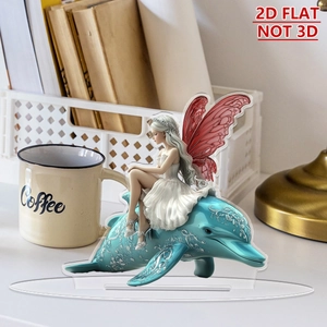 Flat 2D acrylic fairy riding a blue dolphin desktop ornament for home decor