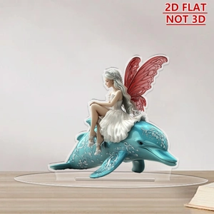 Detailed view of a 2D acrylic fairy and dolphin desktop ornament with transparent base