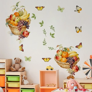 Stickers muraux aquarelle de corbeille de fruits et papillons pour décoration intérieure