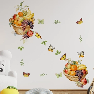 Stickers muraux aquarelle avec paniers de fruits et papillons pour chambre d'enfant