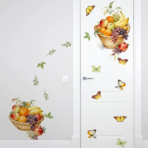 Stickers muraux aquarelle panier de fruits avec papillons colorés pour la décoration