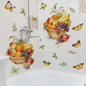Stickers muraux corbeille de fruits et papillons aquarelle sur carreaux de salle de bain