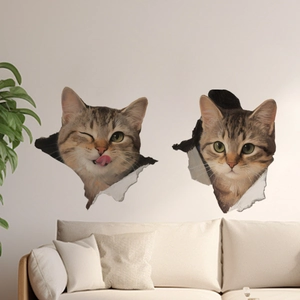 Dettaglio di adesivi murali gatto 3D con realistico effetto muro rotto per decorazioni