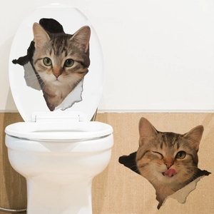 Adesivi murali gatto 3D con gatti tigrati realistici su piastrelle e coperchio del water