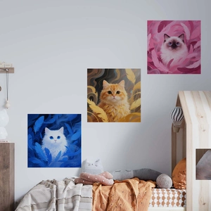 Set di tre adesivi murali con gatti dei cartoni animati su sfondi rosa, arancione e blu