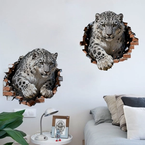 Adesivo murale 3D con leopardo delle nevi che rompe una parete di mattoni in camera