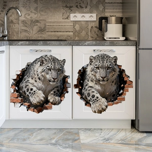 Adesivi 3D con leopardo delle nevi che rompe il muro di mattoni per mobili di casa