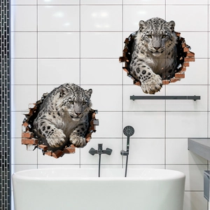 Dettaglio degli adesivi murali 3D leopardo delle nevi che rompono un muro di mattoni