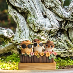 Close-up of cute owl garden stakes on wooden fence with daisies for outdoor decor