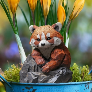 Detailed wood grain texture on a cute red panda garden stake figurine set in a pot