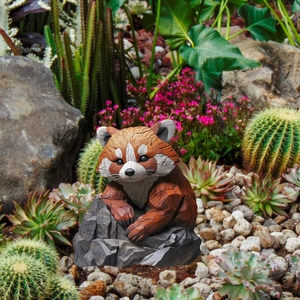 Detail of red panda garden stake showing realistic wood grain texture on stone base
