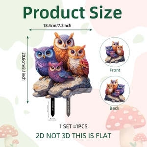Detailed dimension guide for 2D owl garden stake showing height and double-sided print