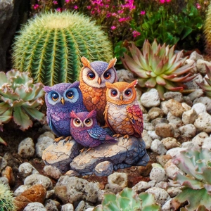 Detail of four colorful resin owls on stone base for garden and potted plant decoration