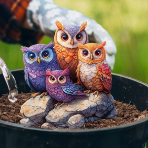 Set of four colorful cartoon owl garden stakes with lifelike feather texture for pots