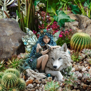 Macro detail of fairy figurine with blue wings and white wolf in a garden pot landscape