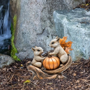 Garden squirrels with pumpkin statue detail on root base for autumn outdoor decor