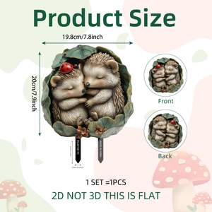 Detailed size specifications and front-back view of 2D PVC hedgehog garden decor stake