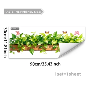 Detail of adhesive wall sticker showing green vine plants, butterflies and easy peel-off back