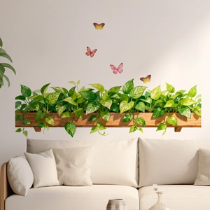 Wall Stickers PVC Self Adhesive Green Plants Vines Maple Leaves Butterfly Decals For Home Living Room Bedroom Decoration