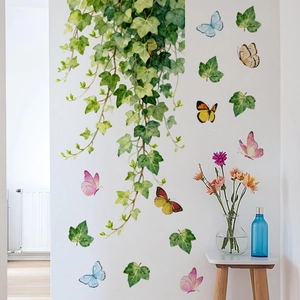 Watercolor green ivy vines and colorful butterflies self-adhesive wall stickers for home decor