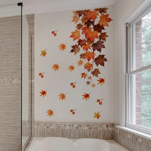 Realistic autumn maple leaves wall stickers set applied on a modern bathroom tile wall