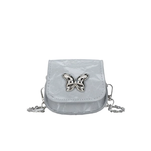Silver mini saddle bag with crinkled texture, metallic butterfly clasp and chain strap