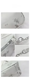 Detailed close-up of floral embroidery on a white leather bag with silver chain and zipper