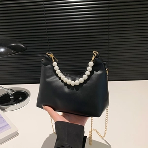 Women PU Leather Hobo Underarm Bag With Artificial Pearl Handle And Gold Chain Strap Elegant Crescent Shoulder Crossbody Handbag