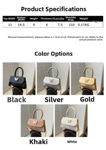 Size chart and dimensions for mini square PU crossbody bag with metal bow detail