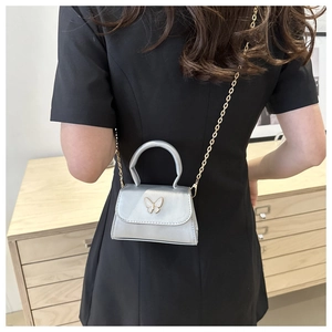 Silver mini crossbody bag with golden butterfly detail and delicate chain strap on model