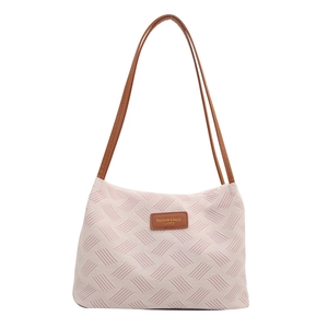 Minimalist large capacity shoulder bag in beige embossed fabric with brown leather strap