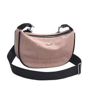 Pink crescent shoulder bag with wide black canvas strap and marbled pattern texture