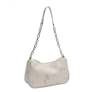 Elegant floral embroidered shoulder bag in cream white with silver chain strap