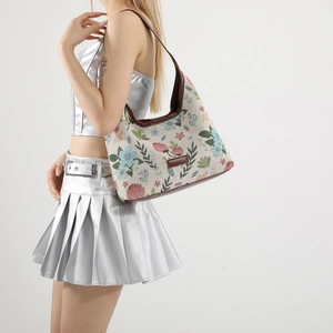 Sac à Épaule en Toile Jacquard Florale pour Femmes Sac Fourre-Tout Rétro Grande Capacité Avec Bandoulière en Similicuir Pour Quotidien