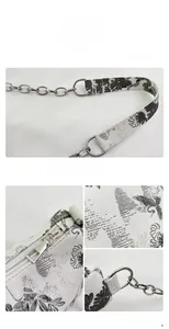 Detail view of jacquard floral shoulder bag with metal chain and fabric strap