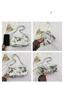 Detailed four-view layout of white floral shoulder bag with silver chain and retro patterns