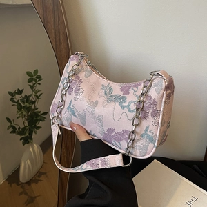 Women New Chinese Style Underarm Shoulder Bag Vintage Floral Embroidery Jacquard PU Leather Purse With Metal Chain Strap