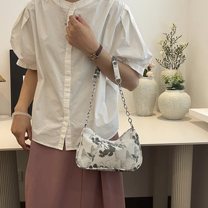 New Chinese style half-moon shoulder bag with bird print and silver chain strap