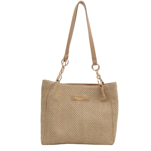 Bolso tote tejido beige con etiqueta FASHION y correas de cadena doradas para mujer